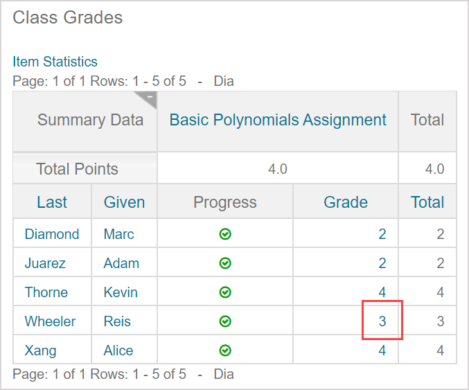 A student grade is highlighted in the gradebook search results table.